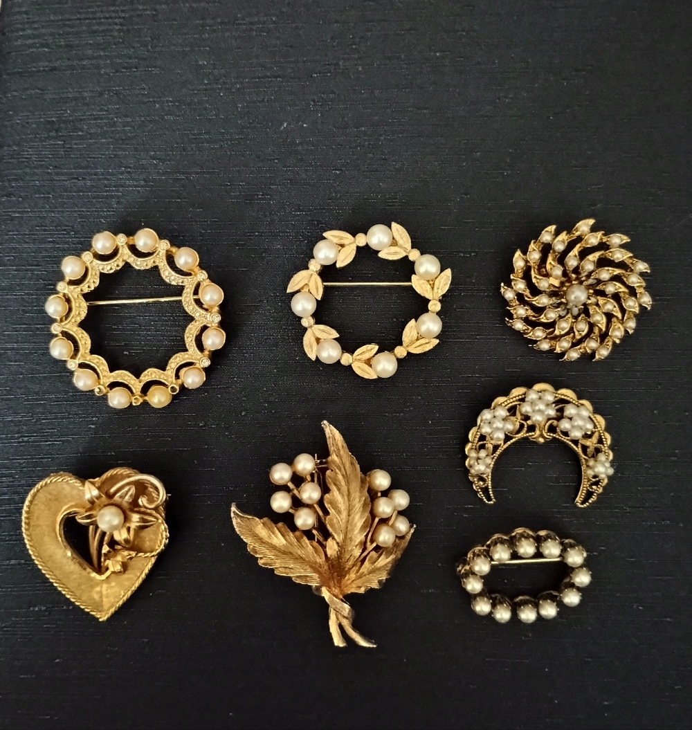 Vintage Gold and Pearl Brooch Lot  - Gold Pearlescent Accents